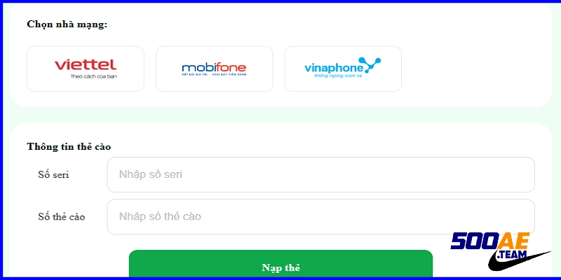 nạp tiền 500ae thẻ cào